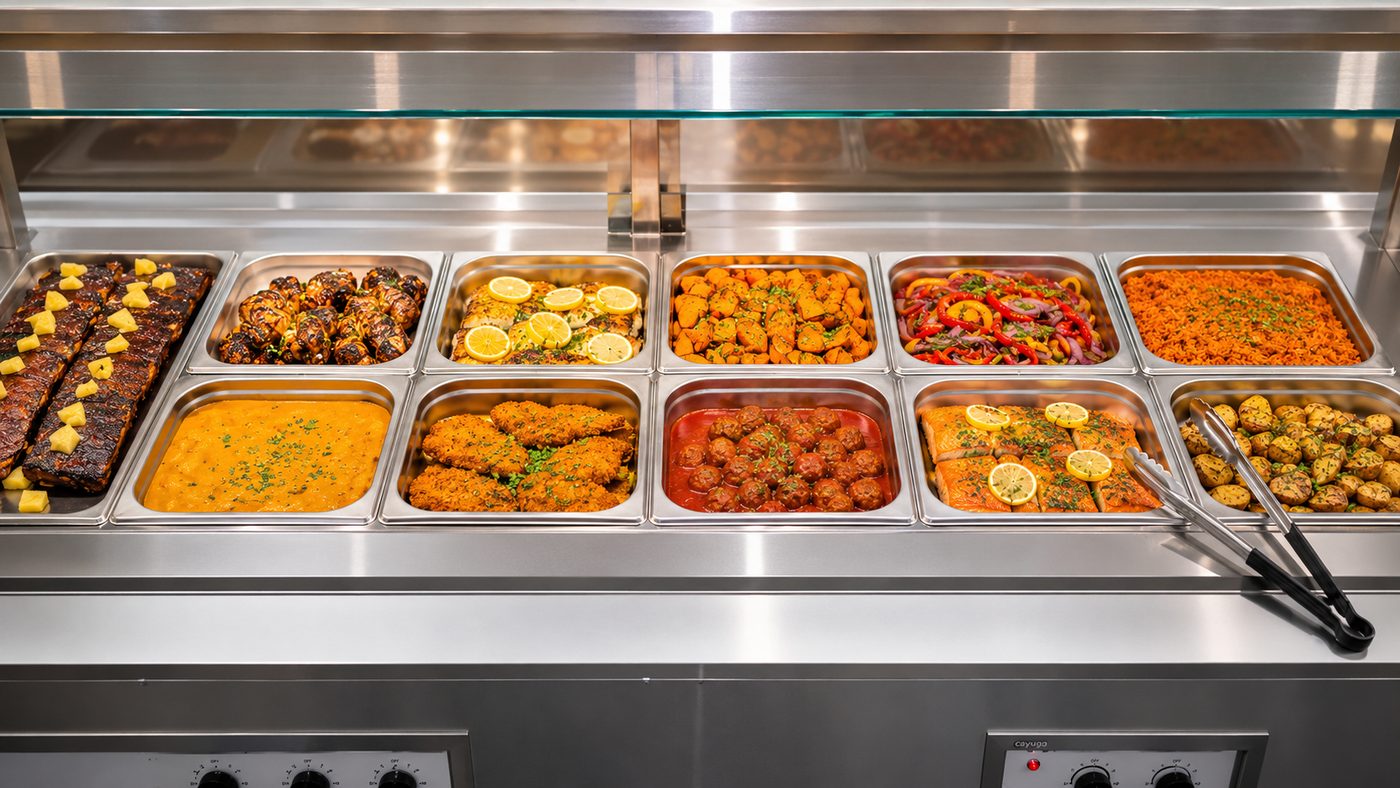 The Farm & Fare hot line, with trays of freshly cooked mains and sides