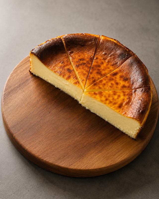 Basque-style cheesecake sliced on a wooden board